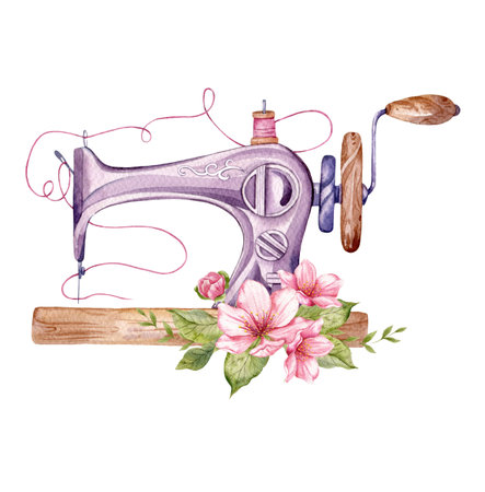 Sewing logo. Vintage sewing machine with floral wreath. Watercolor illustration on white isolated background. hobby. homemade hobby. Embroidery, sewing. tailor shop logo.の写真素材