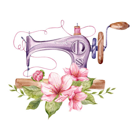 Sewing logo. Vintage sewing machine with floral wreath. Watercolor illustration on white isolated background. hobby. homemade hobby. Embroidery, sewing. tailor shop logo.の写真素材