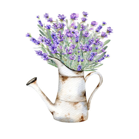 Lavender Watercolor Illustration. Provence Herbs Hand Painted isolated on white background.  Perfect for wedding invitations, bridal shower and  floral greeting cardsの写真素材