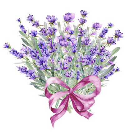 Lavender Watercolor Illustration. Provence Herbs Hand Painted isolated on white background.  Perfect for wedding invitations, bridal shower and  floral greeting cardsの写真素材