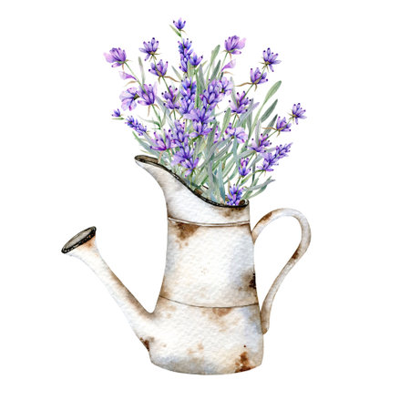 Lavender Watercolor Illustration. Provence Herbs Hand Painted isolated on white background.  Perfect for wedding invitations, bridal shower and  floral greeting cardsの写真素材