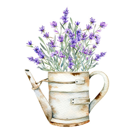 Lavender Watercolor Illustration. Provence Herbs Hand Painted isolated on white background.  Perfect for wedding invitations, bridal shower and  floral greeting cardsの写真素材