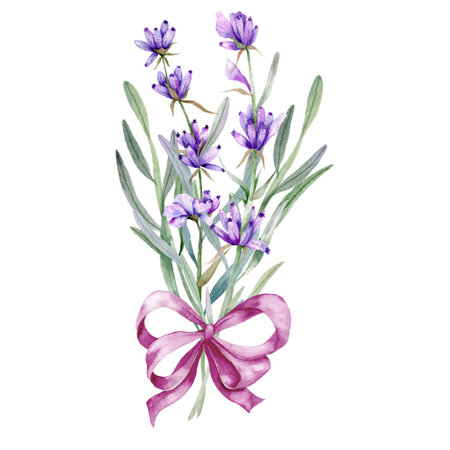 Lavender Watercolor Illustration. Provence Herbs Hand Painted isolated on white background.  Perfect for wedding invitations, bridal shower and  floral greeting cardsの写真素材