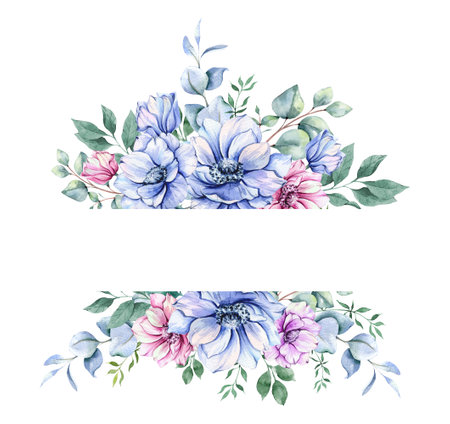 Anemone Flowers Watercolor Illustration. Blue, Pink and Purple Anemones Hand Painted isolated on white background.  Perfect for wedding invitations, bridal shower and  floral greetの写真素材