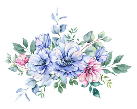 Anemone Flowers Watercolor Illustration. Blue, Pink and Purple Anemones Hand Painted isolated on white background.  Perfect for wedding invitations, bridal shower and  floral greetの写真素材