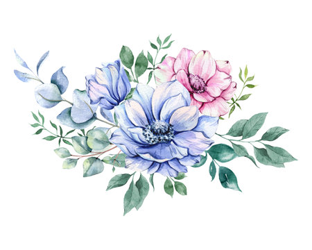 Anemone Flowers Watercolor Illustration. Blue, Pink and Purple Anemones Hand Painted isolated on white background.  Perfect for wedding invitations, bridal shower and  floral greetの写真素材