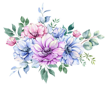 Anemone Flowers Watercolor Illustration. Blue, Pink and Purple Anemones Hand Painted isolated on white background.  Perfect for wedding invitations, bridal shower and  floral greetの写真素材