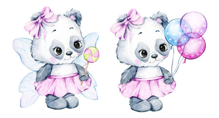 Cute Baby Animal Watercolor Illustration, Little Panda with balloons Isolated on white background. Hand Drawn Lovely Animal for nursery decor children illustrationの写真素材