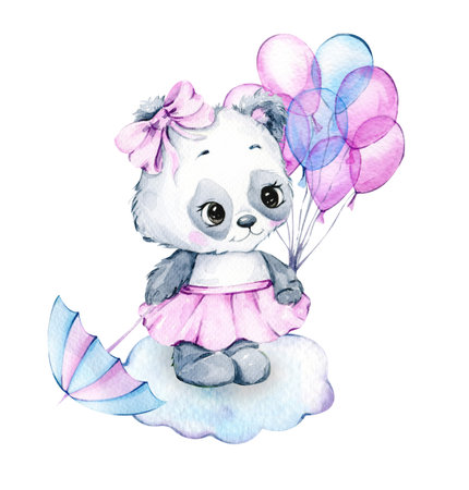 Cute Baby Animal Watercolor Illustration, Little Panda with balloons Isolated on white background. Hand Drawn Lovely Animal for nursery decor children illustrationの写真素材