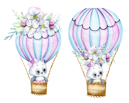 Cute Baby Animal Watercolor Illustration, Little Panda with balloons Isolated on white background. Hand Drawn Lovely Animal for nursery decor children illustrationの写真素材