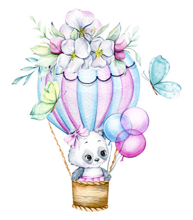 Cute Baby Animal Watercolor Illustration, Little Panda with balloons Isolated on white background. Hand Drawn Lovely Animal for nursery decor children illustrationの写真素材