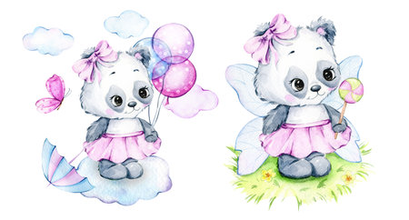 Cute Baby Animal Watercolor Illustration, Little Panda with balloons Isolated on white background. Hand Drawn Lovely Animal for nursery decor children illustrationの写真素材
