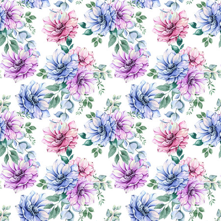 Elegant floral Seamless pattern with watercolor anemone flowers and greenery. Seamless floral background in pink, blue and purple colorsの写真素材