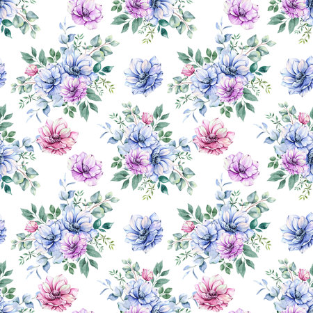 Elegant floral Seamless pattern with watercolor anemone flowers and greenery. Seamless floral background in pink, blue and purple colorsの写真素材
