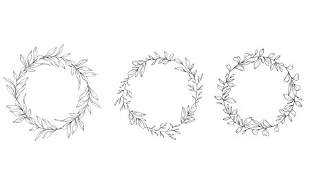 Floral Frames Line Art, Fine Line Greenery Frames Hand Drawn Illustration. Outline Leaves and Flowers.のイラスト素材