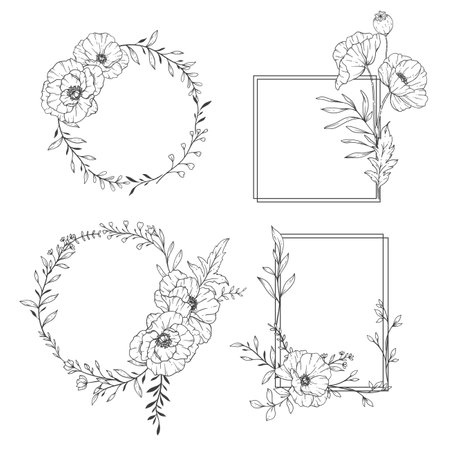 Floral Frames Line Art, Fine Line Poppy Frames Hand Drawn Illustration. Outline Leaves and Flowers.のイラスト素材