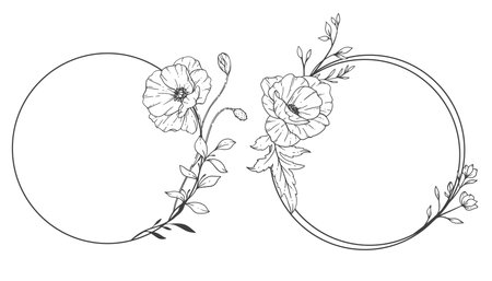 Floral Frames Line Art, Fine Line Poppy Frames Hand Drawn Illustration. Outline Leaves and Flowers.のイラスト素材