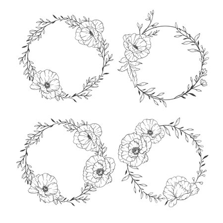 Floral Frames Line Art, Fine Line Poppy Frames Hand Drawn Illustration. Outline Leaves and Flowers.のイラスト素材