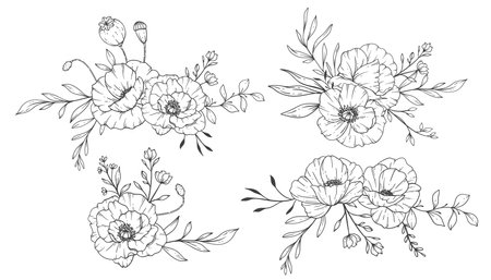 Poppy Flower Line Art, Fine Line Poppy Bouquets Hand Drawn Illustration. Coloring Page with Flowers.のイラスト素材
