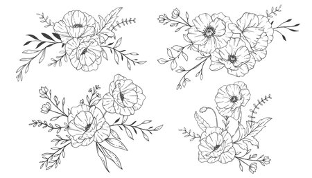 Poppy Flower Line Art, Fine Line Poppy Bouquets Hand Drawn Illustration. Coloring Page with Flowers.のイラスト素材