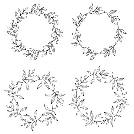 Floral Frames Line Art, Fine Line Greenery Frames Hand Drawn Illustration. Outline Leaves and Flowers.のイラスト素材