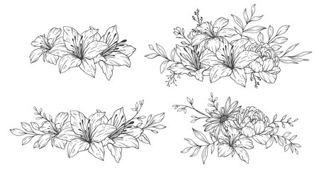 Wildflowers Line Art, Fine Line Wildflower Bouquets Hand Drawn Illustration. Coloring Page with Flowers.のイラスト素材