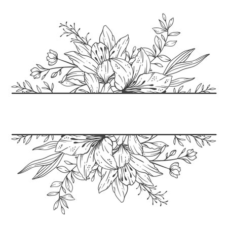 Floral Frames Line Art, Fine Line Wildflower Frames Hand Drawn Illustration. Outline Leaves and Flowers.のイラスト素材