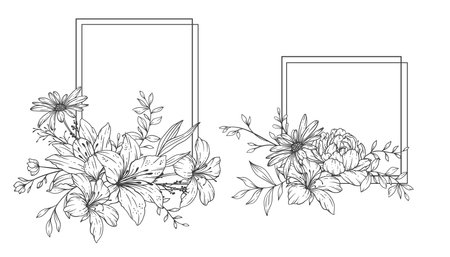 Floral Frames Line Art, Fine Line Wildflower Frames Hand Drawn Illustration. Outline Leaves and Flowers.のイラスト素材