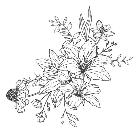 Wildflowers Line Art, Fine Line Wildflower Bouquets Hand Drawn Illustration. Coloring Page with Flowers.のイラスト素材