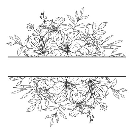 Floral Frames Line Art, Fine Line Wildflower Frames Hand Drawn Illustration. Outline Leaves and Flowers.のイラスト素材