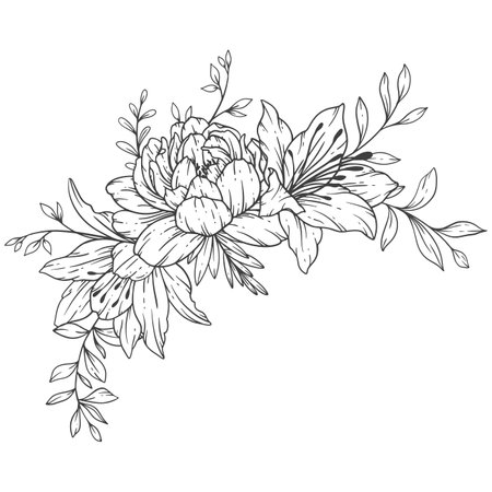 Wildflowers Line Art, Fine Line Wildflower Bouquets Hand Drawn Illustration. Coloring Page with Flowers.のイラスト素材