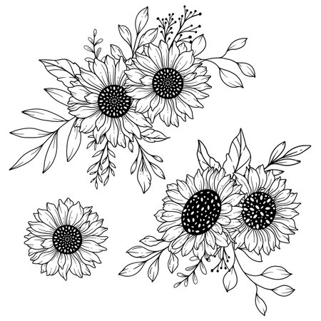 Sunflowers Line Art, Fine Line Sunflower Bouquets Hand Drawn Illustration. Coloring Page with SunFlowers.のイラスト素材