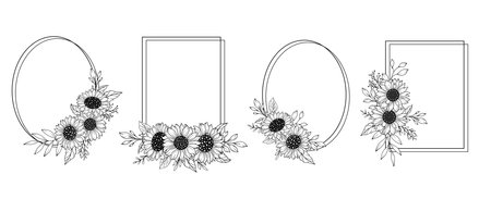 Sunflower Frames Line Art, Fine Line Sunflower Frames Hand Drawn Illustration. Coloring Page with SunFlowers.のイラスト素材