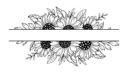 Half Sunflower. Sunflower Frames Line Art, Fine Line Sunflower Frames Hand Drawn Illustration. Coloring Page with SunFlowers.のイラスト素材