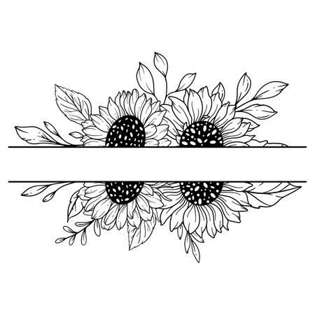 Half Sunflower. Sunflower Frames Line Art, Fine Line Sunflower Frames Hand Drawn Illustration. Coloring Page with SunFlowers.のイラスト素材