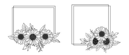 Sunflower Frames Line Art, Fine Line Sunflower Frames Hand Drawn Illustration. Coloring Page with SunFlowers.のイラスト素材