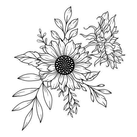 Sunflowers Line Art, Fine Line Sunflower Bouquets Hand Drawn Illustration. Coloring Page with SunFlowers.のイラスト素材
