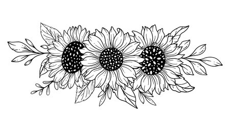 Sunflowers Line Art, Fine Line Sunflower Bouquets Hand Drawn Illustration. Coloring Page with SunFlowers.のイラスト素材