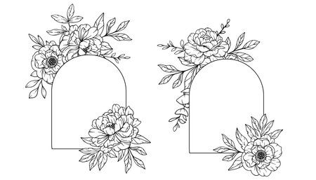 Peony Frame Line Art, Outline Floral Frame Hand Drawn Illustration. Coloring Page with Peony Flowers.のイラスト素材