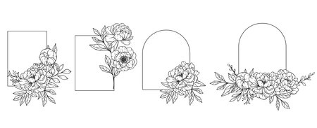 Peony Frame Line Art, Outline Floral Frame Hand Drawn Illustration. Coloring Page with Peony Flowers.のイラスト素材