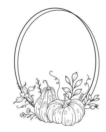 Thanksgiving Frame Outline. Pumpkins Line Art Illustration, Outline Pumpkin arrangement Hand Drawn Illustration. Coloring Page with Pumpkins.  Thanksgiving Pumpkins setのイラスト素材
