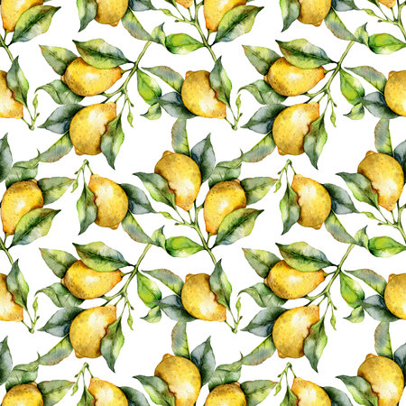 Elegant floral Seamless pattern with watercolor lemons. Seamless lemons background. Citrus Patternの写真素材