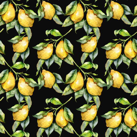 Elegant floral Seamless pattern with watercolor lemons. Seamless lemons background. Citrus Patternの写真素材