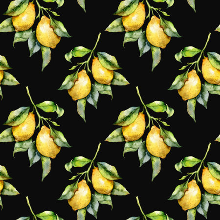 Elegant floral Seamless pattern with watercolor lemons. Seamless lemons background. Citrus Patternの写真素材