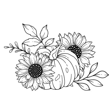 Pumpkins with Sunflowers Line Art Illustration, Outline Pumpkin arrangement Hand Drawn Illustration. Coloring Page with Pumpkins.  Thanksgiving Pumpkins set. Thanksgiving Pumpkinsのイラスト素材