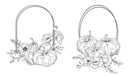 Thanksgiving Frame Outline. Pumpkins Line Art Illustration, Outline Pumpkin arrangement Hand Drawn Illustration. Coloring Page with Pumpkins.  Thanksgiving Pumpkins set.のイラスト素材