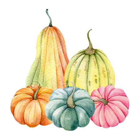 Autumn Thanksgiving Watercolor Pumpkins arrangement on white background. Colorful Pumpkins Watercolor Illustration hand Paintedの写真素材
