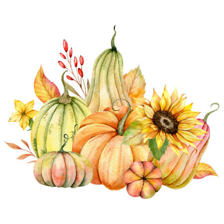 Autumn Thanksgiving Watercolor Pumpkins with leaves and harvest on white background. Fall floral arrangement with Pumpkins, Berries and Leavesの写真素材