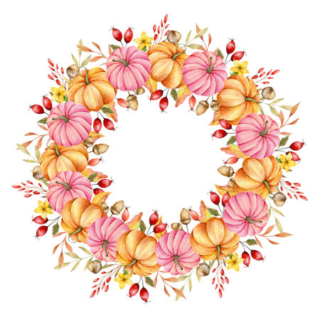 Autumn Thanksgiving Frame with Watercolor Pumpkins and greenery, Floral Thanksgiving Wreath. Fall floral frame with Pumpkins, Berries and Leavesの写真素材