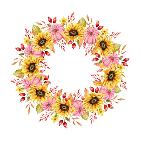 Autumn Thanksgiving Frame with Watercolor Pumpkins and greenery, Floral Thanksgiving Wreath. Fall floral frame with Pumpkins, Berries and Leavesの写真素材